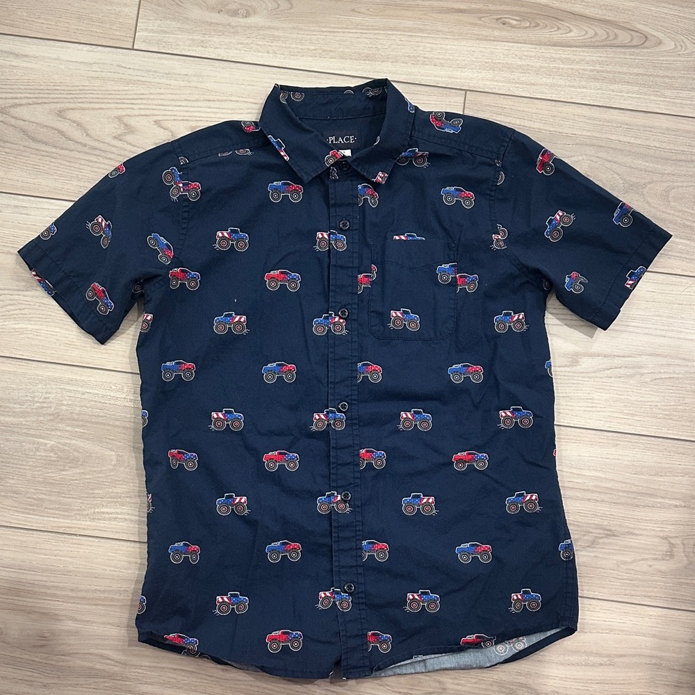 Children’s place monster truck button-down short sleeve shirt size XL (14)